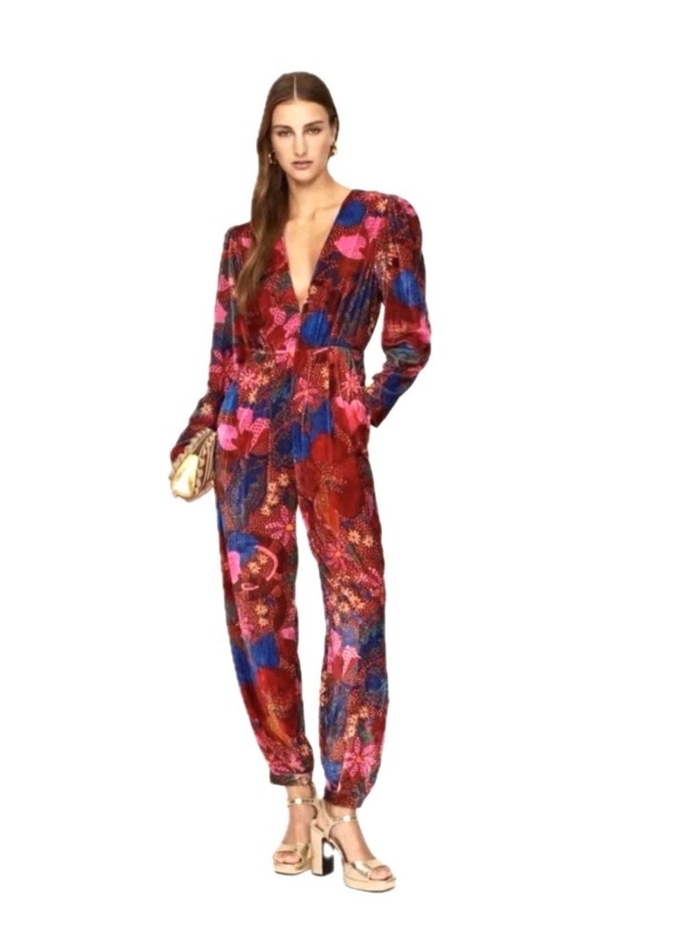 FARM Rio, Floral Velvet Jumpsuit Long Sleeve Deep V, Size L EUC - Picture 2 of 16